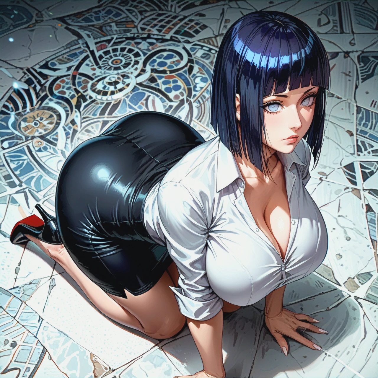 Hinata Hyuuga, expressionless, perfect body, big ass, huge breasts, Boruto: Naruto Next Generations, milf, shoulder-length hair,  alone,Black high heels , Hotel Lobby  , (standing) , Deep black pencil skirt , White silk shirt , Deep black business suit ,  Deep black suit jacket , (cowering) , (prostration) , (head_down) , (all_fours)