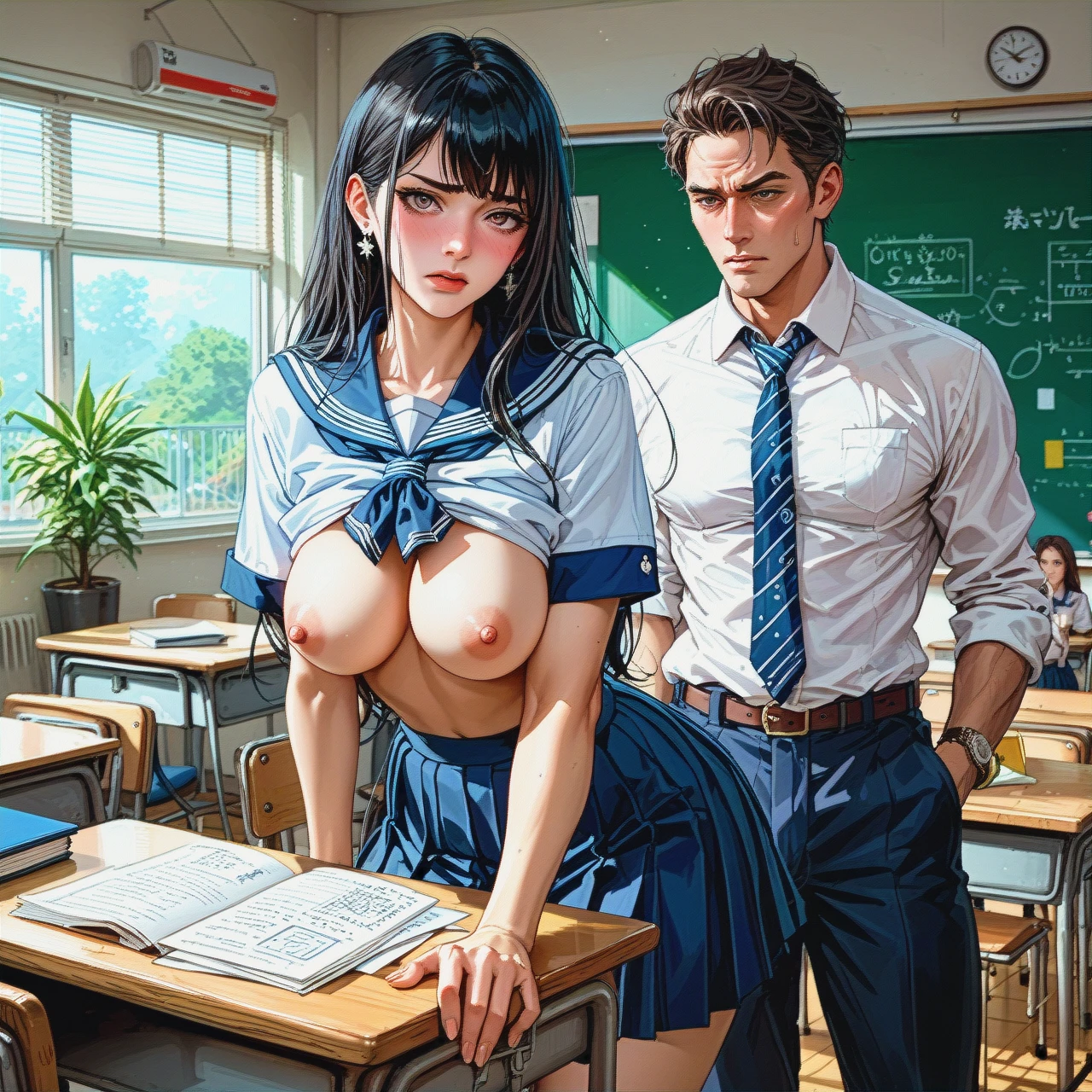 1 boy 1 penis dressed in a teacher's uniform touches a girl's naked breasts with his hands three school-age girls are sitting at desks in front of them a man with his pants down stands teacher girls look at a penis in embarrassment at school dressed in school uniforms girls have an embarrassed expression on their faces