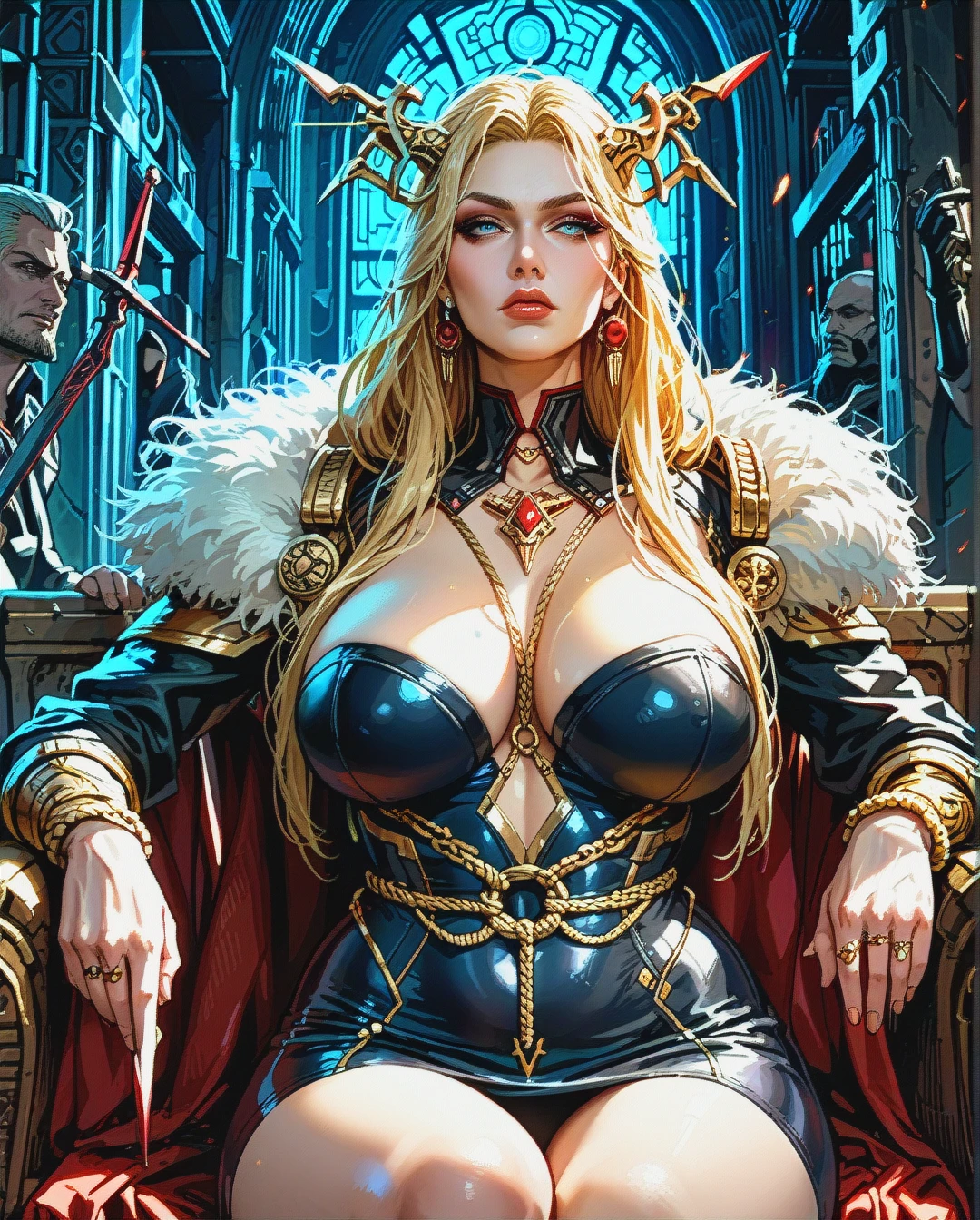 Milf Empress Woman's Portrait, Prostitute, Blonde, Holding Sword, Looking to side, big tight breasts,  plump lips, tight body,  (sitting_on_lap), at the viking warship, Cyberpunk, Empress's war clothes, Neckrope, waist chain, Lord of the rings, heroic looks,