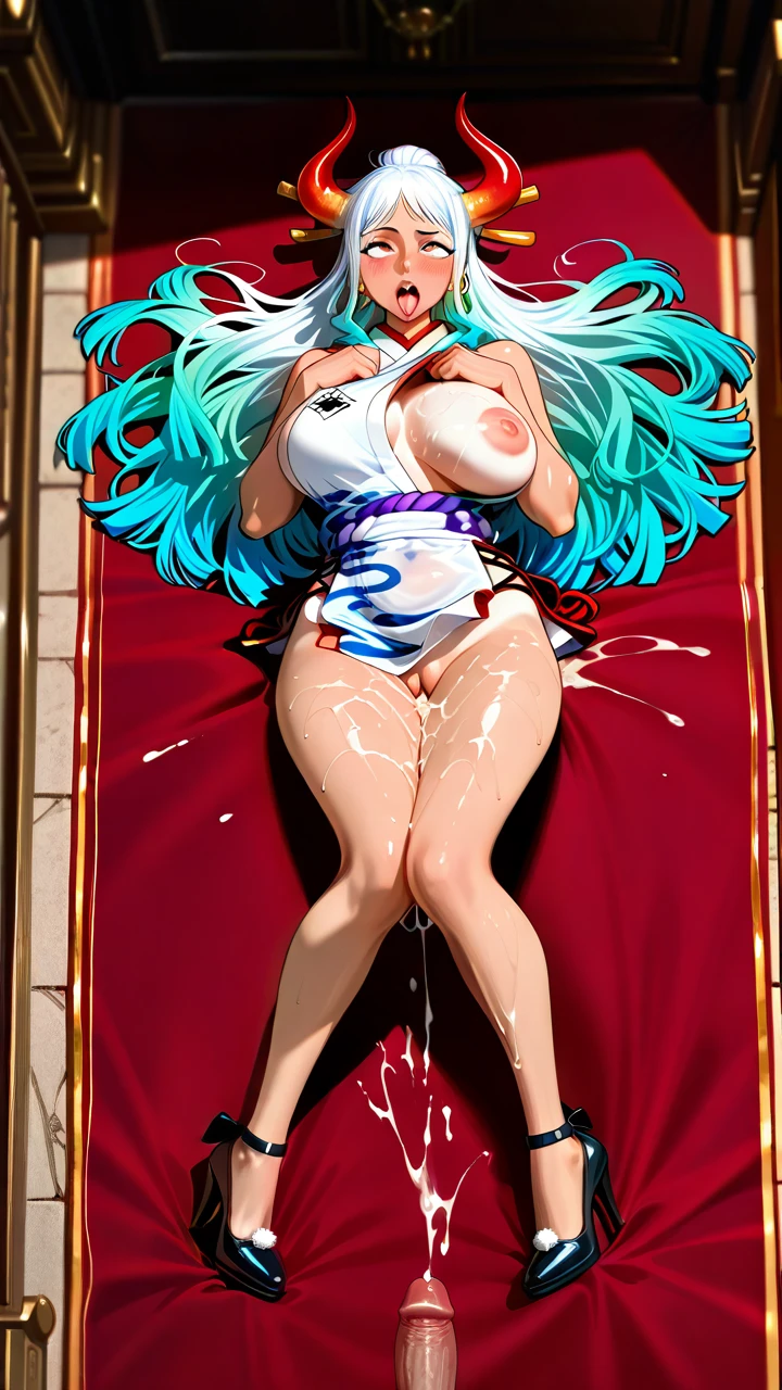 @yamato_one_piece, gang bang, one breast fell out from under her clothes, full body view, visible breasts, high heels, big round elastic tits, girl, dress with lush arms, pussy visible,, white fur, tanned skin, in a royal castle, on her back, ahegao, when she is forced on the floor men, hands pin her to the floor, hands hold her limbs, cocks cum on her, cocks spew a lot of cum, top view, bukkake, cum, <lora:MS_Real_XL_Bukkake:.5>, <lora:Dramatic_penis_SDXL:.5>