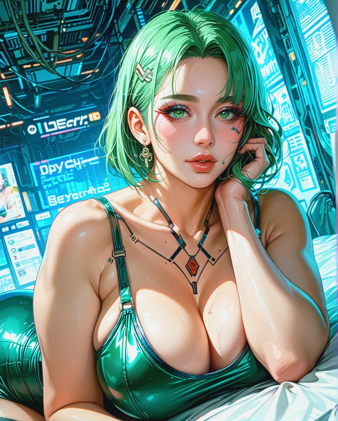 Whore Korean Milf's Portrait, Big Tight Breats, Plump lips, Green eyes, lovely looks, inviting pose, cyberpunk, cosplay clothes, lie on side.