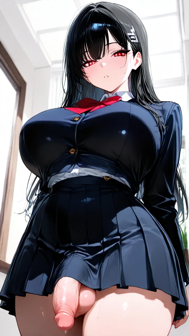 (futanari) (red_eyes) (black_hair) (long_hair) (huge_breasts) (school_uniform) (full-package_futanari)