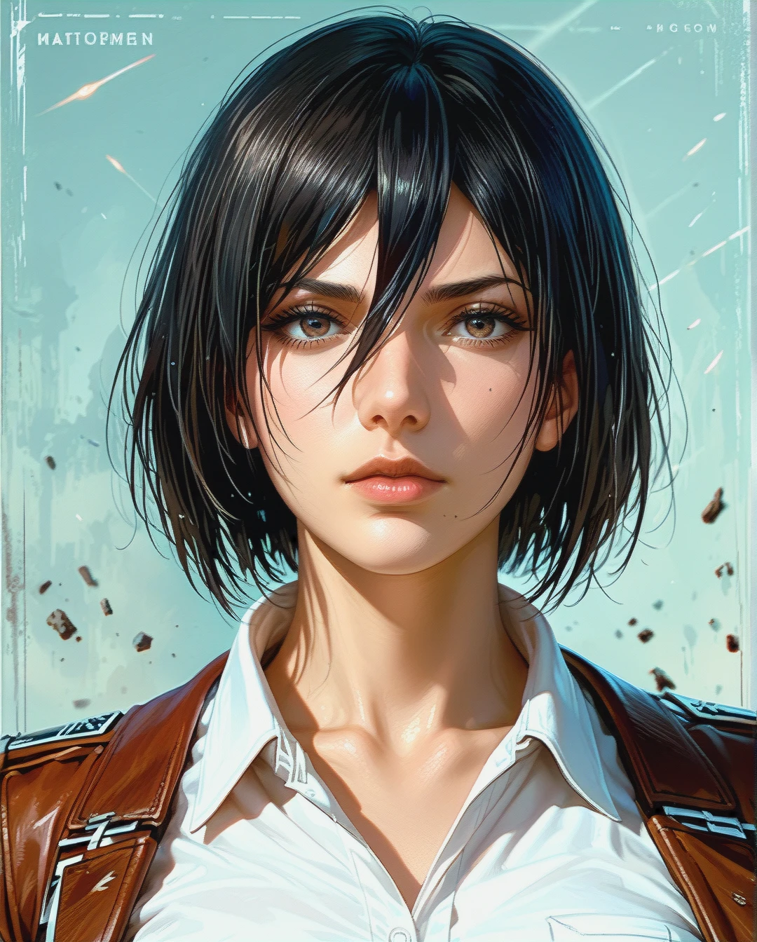 Mikasa Ackerman,Face chest focus, Realistic Realistic , sleeve shirt , attack on titan