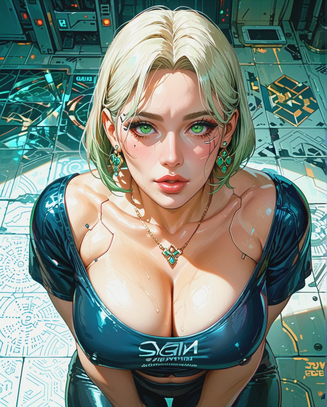 Whore Korean Milf's Portrait, Big Tight Breats, Plump lips, Green eyes, lovely looks, inviting pose, cyberpunk.