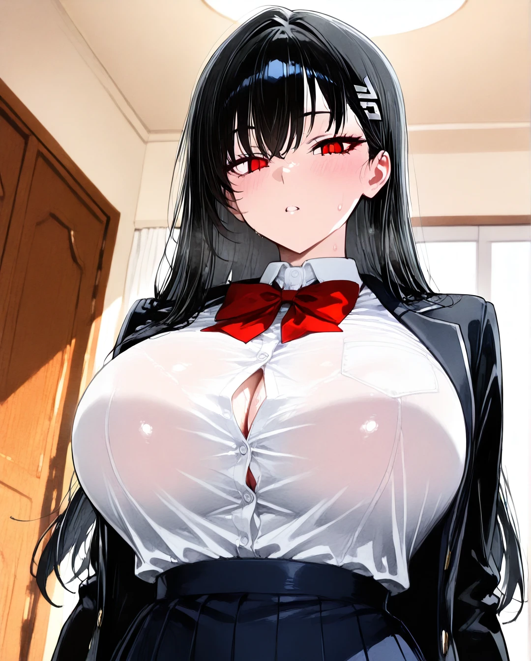 (futanari) (red_eyes) (black_hair) (long_hair) (huge_breasts) (school_uniform)