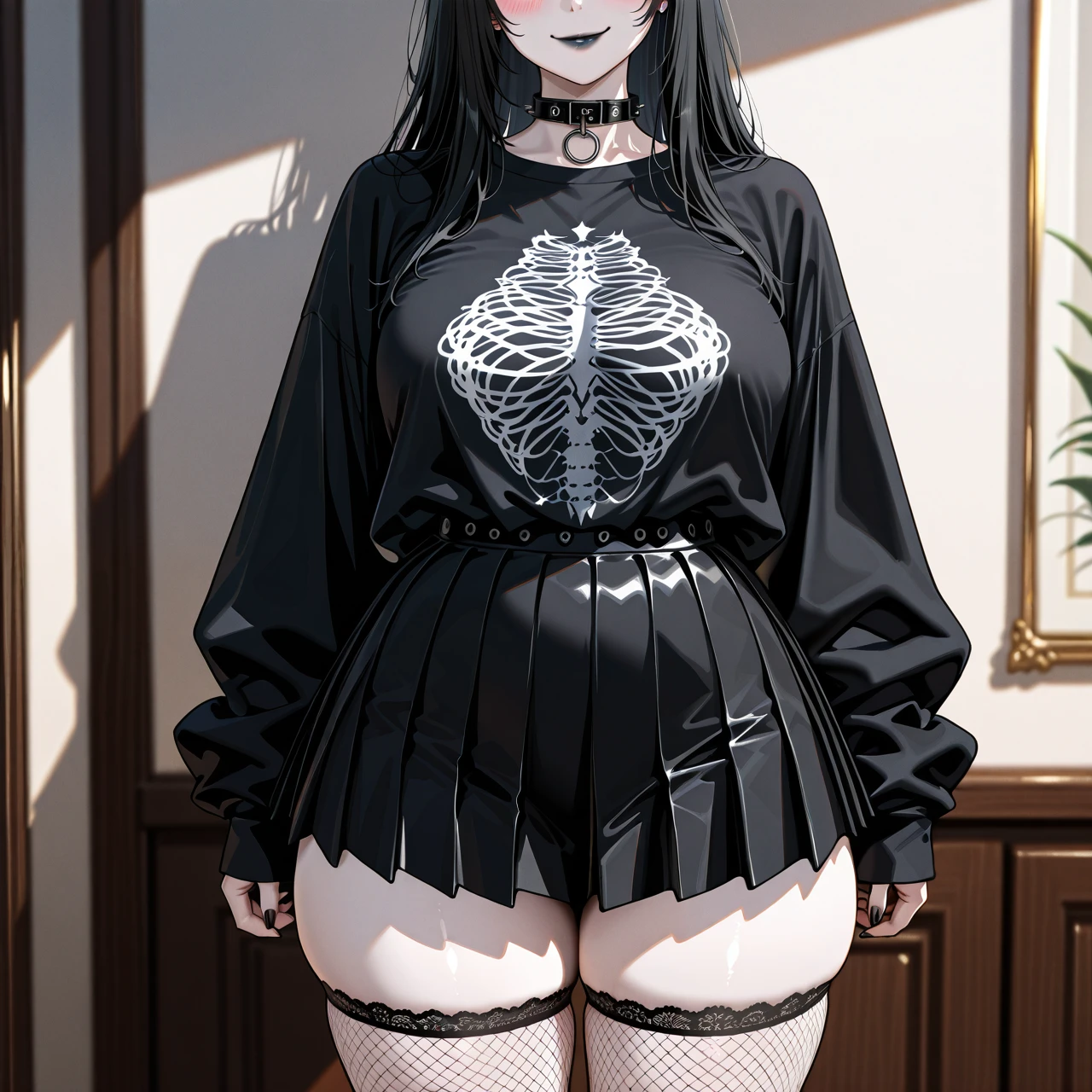 smiling, long loose hair, blunt bangs, black hair, half closed eyes, sleepy eyes, pale skin, thick thighs, blush, black nails, black lipstick, oversized black t shirt, pleated skirt, goth accessories, fishnet stockings, collar, extreme detail description, highly detailed, extreme detail description, highly detailed, perfect anatomy, standing