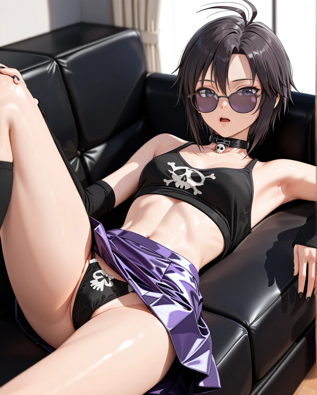 photorealistic (3D_AAA) (3D_anime) (thick_mouth-lips) (realistic_skin), ((very narrow waist)), (skinny) ((full_face)) petite_body (wide_hips) (open_mouth) (black_cut-hair) (presenting_armpit) (arm warmers) (black_nails) (high_thighs-socks) (collar_skull-bone) (blue_eyes) ((purple)) (skirt) @kikuchi_makoto (reclining) (eyewear) petite (white_couch) hands (panties)