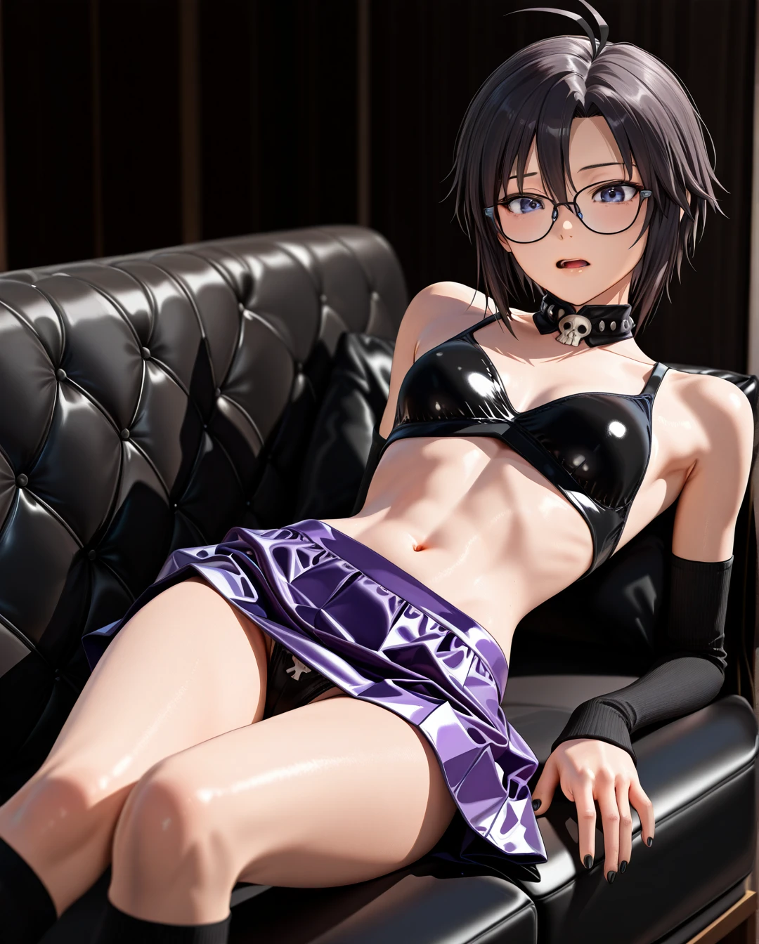 photorealistic (3D_AAA) (3D_anime) (thick_mouth-lips) (realistic_skin), ((very narrow waist)), (skinny) ((full_face)) petite_body (wide_hips) (open_mouth) (black_cut-hair) (arm warmers) (black_nails) (high_thighs-socks) (collar_skull-bone) (blue_eyes) ((purple)) (skirt) @kikuchi_makoto (reclining) (eyewear) petite (white_couch) hands (panties)