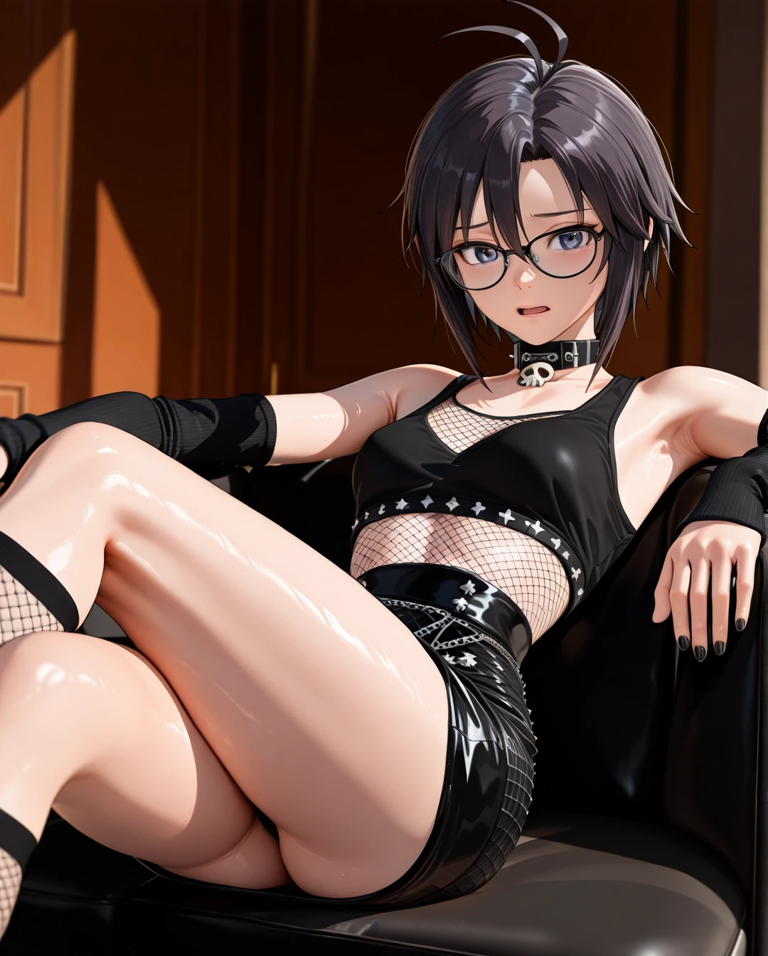 photorealistic (3D_AAA) (3D_anime) (thick_mouth-lips) (realistic_skin), ((very narrow waist)), (skinny) ((full_face)) petite_body (wide_hips) (open_mouth) (black_cut-hair) (bored) (presenting_armpit) (arm warmers) (black_nails) (high_thighs-socks) (collar_skull-bone) (blue_eyes) ((purple)) (fishnet_shirt) (skirt) (crossed_legs) @kikuchi_makoto (reclining) (confused) (holding_eyewear)