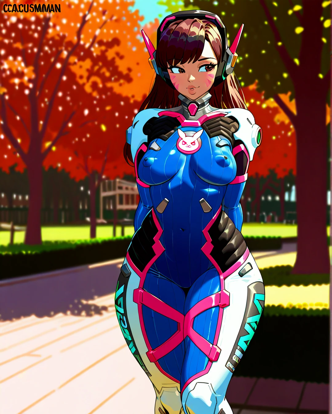 (cactusman:1.7), (flat_color:1.7), @d.va, normal breasts, puffy nipples, wide hips, squishy hips, thick thighs, squishy ass, squishy legs, squishy thighs, thick lips, clothed, covered nipples, park, standing, arms behind back