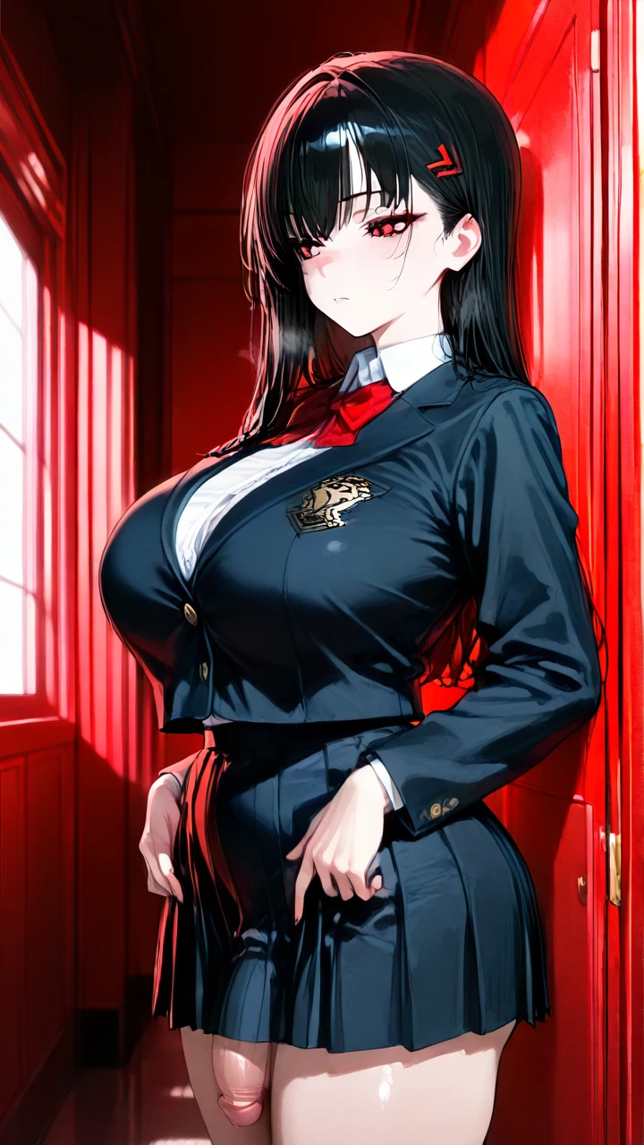 (futanari) (red_eyes) (black_hair) (long_hair) (huge_breasts) (school_uniform) (full-package_futanari)