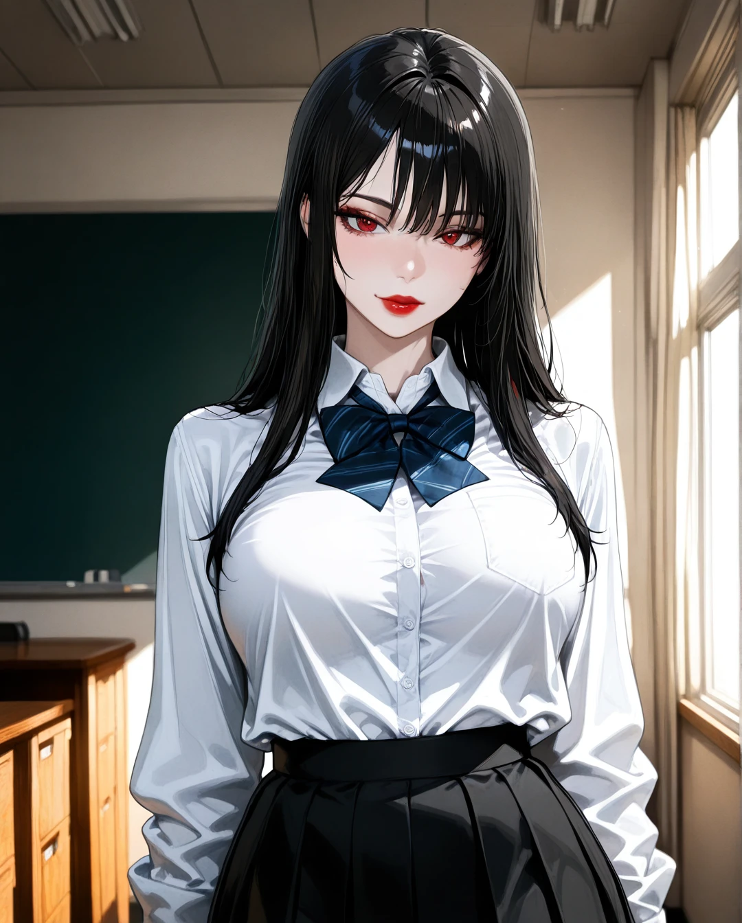 take a photo where the girl is at school. In the school office. In a white shirt. In a black skirt. She has beige skin. Red lips. Dark long hair. She stands tall