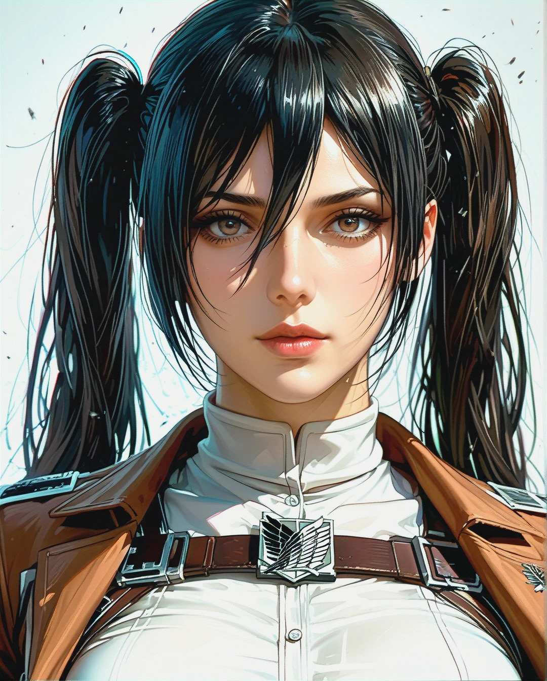 Mikasa Ackerman, mature, attack on Titan,,High Real Realistic Realistic,face chest focus,twintails , sexy clothes