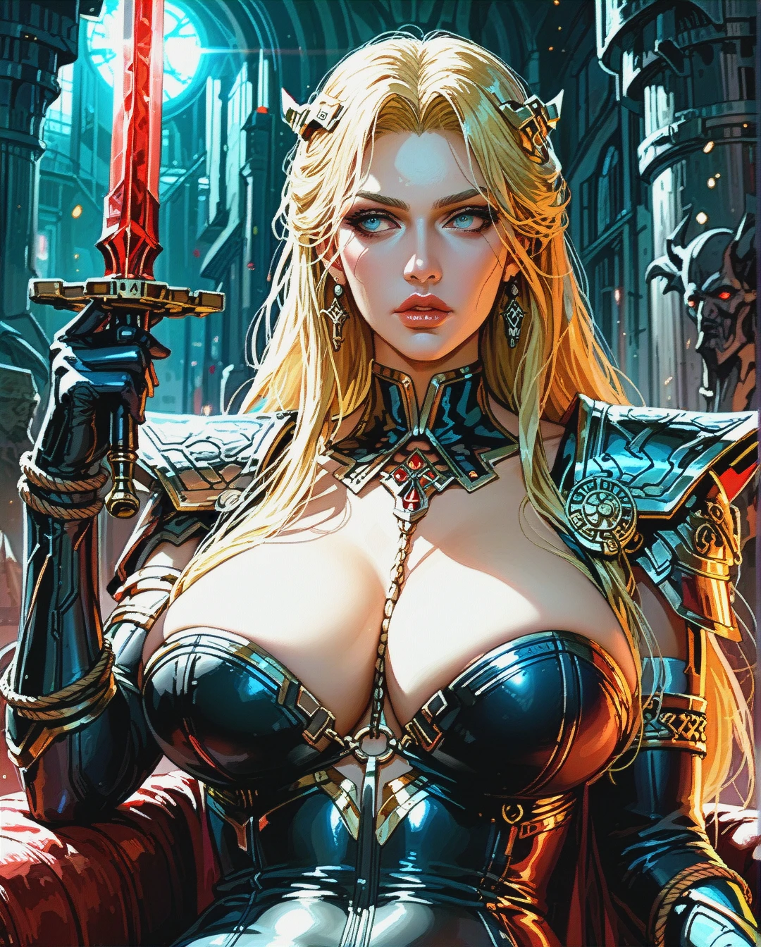 Milf Empress Woman's Portrait, Prostitute, Blonde, Holding Sword, Looking to side, big tight breasts,  plump lips, tight body,  (sitting_on_lap), at the viking warship, Cyberpunk, Empress's war clothes, Neckrope, waist chain, Lord of the rings, heroic looks,