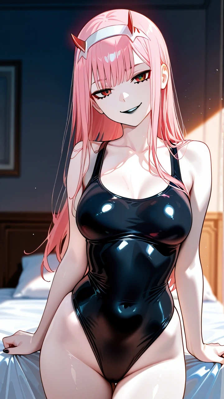 A girl have long pink hair and red eyes. She have a skinny and sexy body. She have white skin. She have black nails. She have black lips. She have a beautiful face. She face like @zero_two She wearing black swimsuit. She is in bed room.  (standing) (evil_smile) (head_tilt) (medium_breasts) (red_eyes)