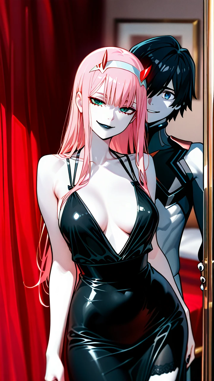 A girl have long pink hair and red eyes. She have a skinny and sexy body. She have white skin. She have black nails. She have black lips. She have a beautiful face. She face like @zero_two She wearing black Women's evening dress.  She is in bed room.  (standing) (evil_smile) (head_tilt) (medium_breasts) (red_eyes)   The boy have black hair and Blue eyes.  He have a muscular and skinny body.  He have white skin.  He have a beautiful face. His face like @hiro He wearing black Suite. (happy) (standing)