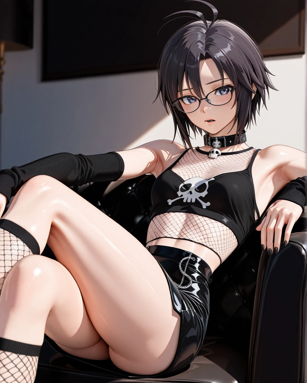 photorealistic (3D_AAA) (3D_anime) (thick_mouth-lips) (realistic_skin), ((very narrow waist)), (skinny) ((full_face)) petite_body (wide_hips) (open_mouth) (black_cut-hair) (bored) (presenting_armpit) (arm warmers) (black_nails) (high_thighs-socks) (collar_skull-bone) (blue_eyes) ((purple)) (fishnet_shirt) (skirt) (crossed_legs) @kikuchi_makoto (reclining) (confused) (eyewear) petite