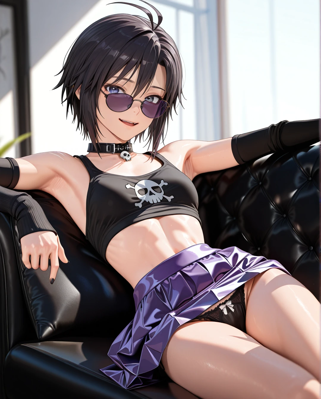 photorealistic (3D_AAA) (3D_anime) (thick_mouth-lips) (realistic_skin), ((very narrow waist)), (skinny) ((full_face)) petite_body (wide_hips) (open_mouth) (black_cut-hair) (presenting_armpit) (arm warmers) (black_nails) (high_thighs-socks) (collar_skull-bone) (blue_eyes) ((purple)) (skirt) @kikuchi_makoto (reclining) (eyewear) petite (white_couch) hands (panties)