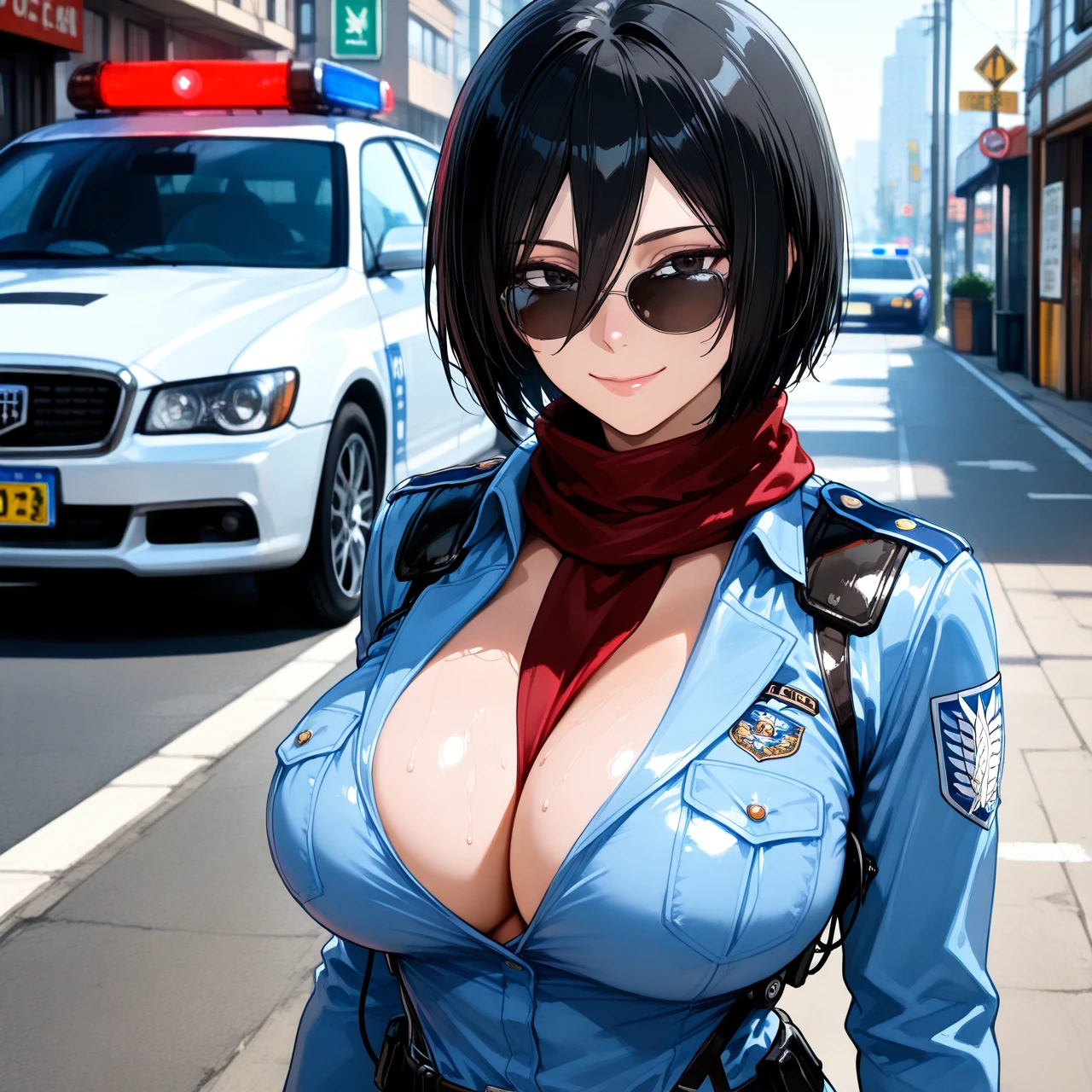 @mikasa_ackerman , 1girls, solo, (huge_breasts) , clothed, cleavage, street, police car, police uniform, sunglasses, smile