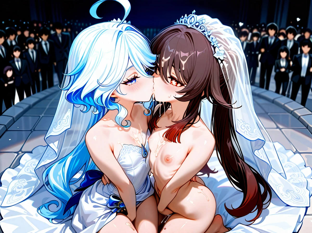 @furina @hu_tao (flat_chest) (skinny) (shy) (heart-shaped_eyes) (bukkake) (cum_on_body) (cum_on_hair) (kissing_neck) two girls in wedding dress. wedding, two brides, kissing girls, stays on knee, (kneeling), hug, love, crowd of people masturbation around, public