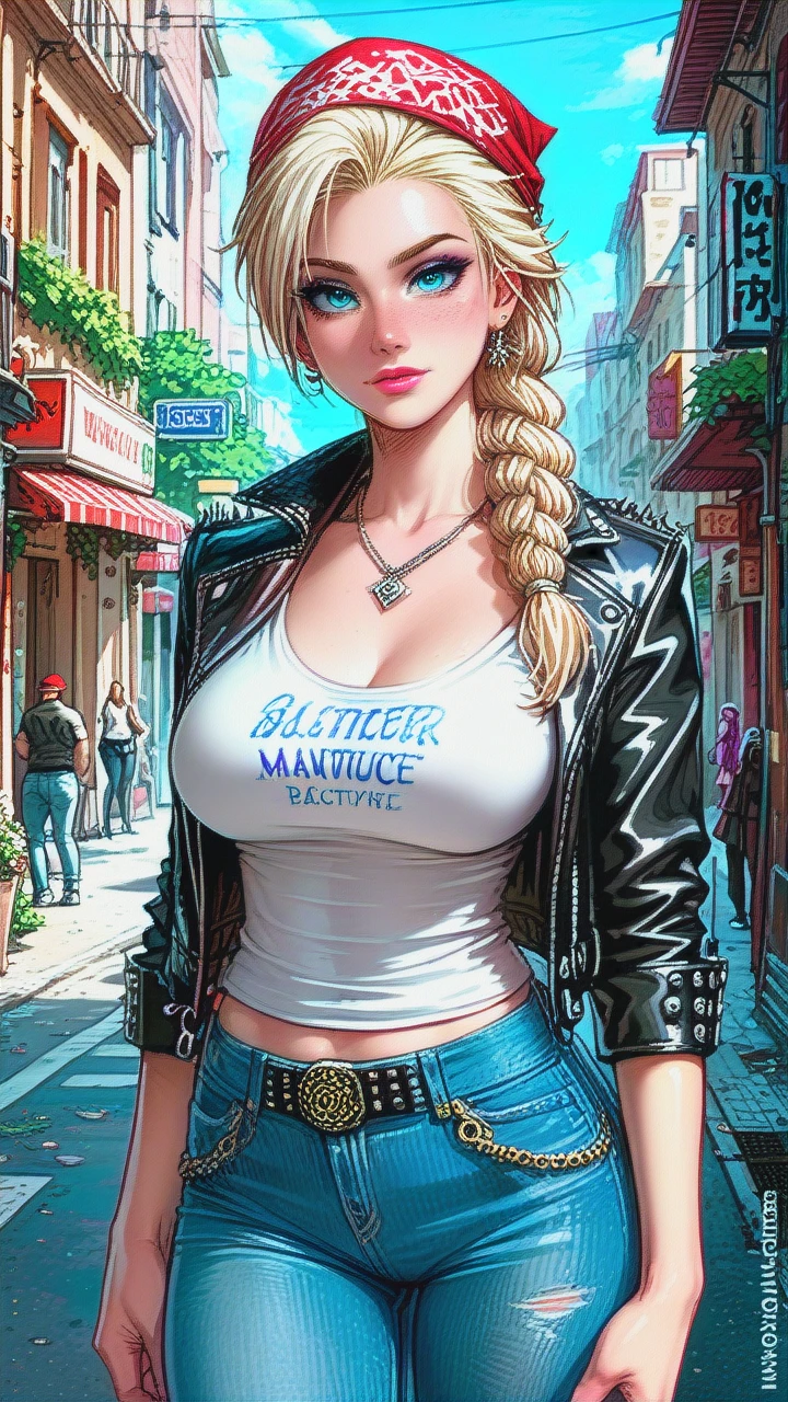 Elsa, braid, beautiful eyes, busty, leather jacket, t-shirt, jeans, rocker girl, bullet necklace, bandana, on street