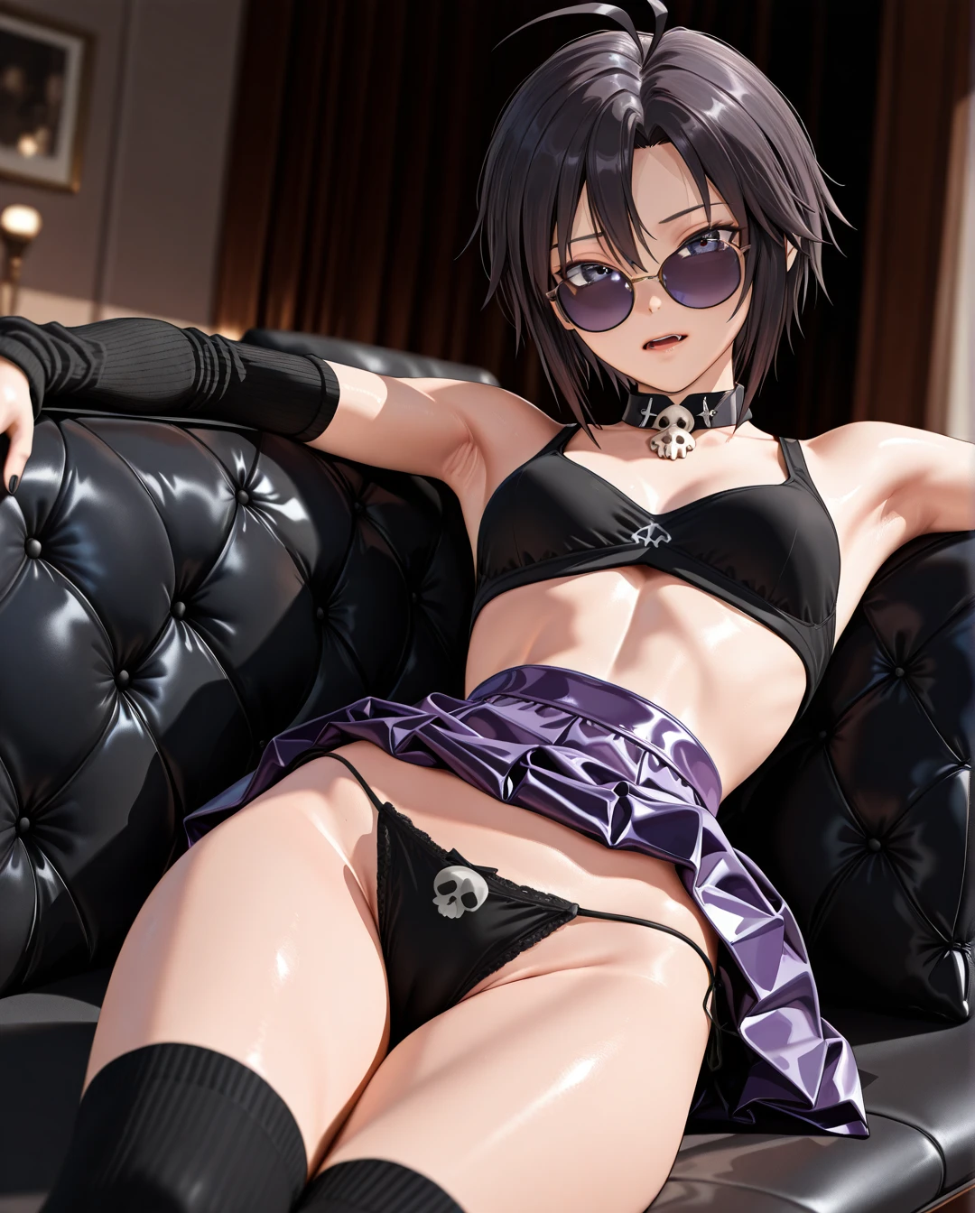 photorealistic (3D_AAA) (3D_anime) (thick_mouth-lips) (realistic_skin), ((very narrow waist)), (skinny) ((full_face)) petite_body (wide_hips) (open_mouth) (black_cut-hair) (presenting_armpit) (arm warmers) (black_nails) (high_thighs-socks) (collar_skull-bone) (blue_eyes) ((purple)) (skirt) @kikuchi_makoto (reclining) (eyewear) petite (white_couch) hands (panties)