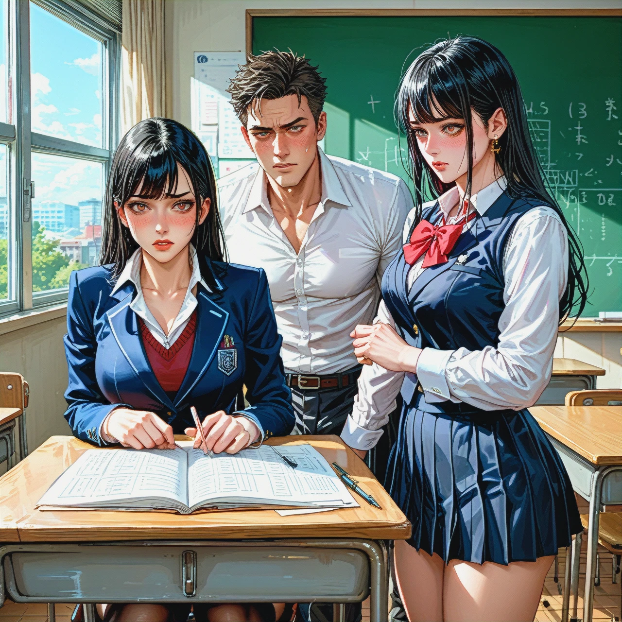 One man with his pants down teacher 1 penis three school age girls sitting at desks in front of them a man with his pants down stands teacher girls looking at penis embarrassed at school beautiful figure dressed in school uniform girls have embarrassed expressions