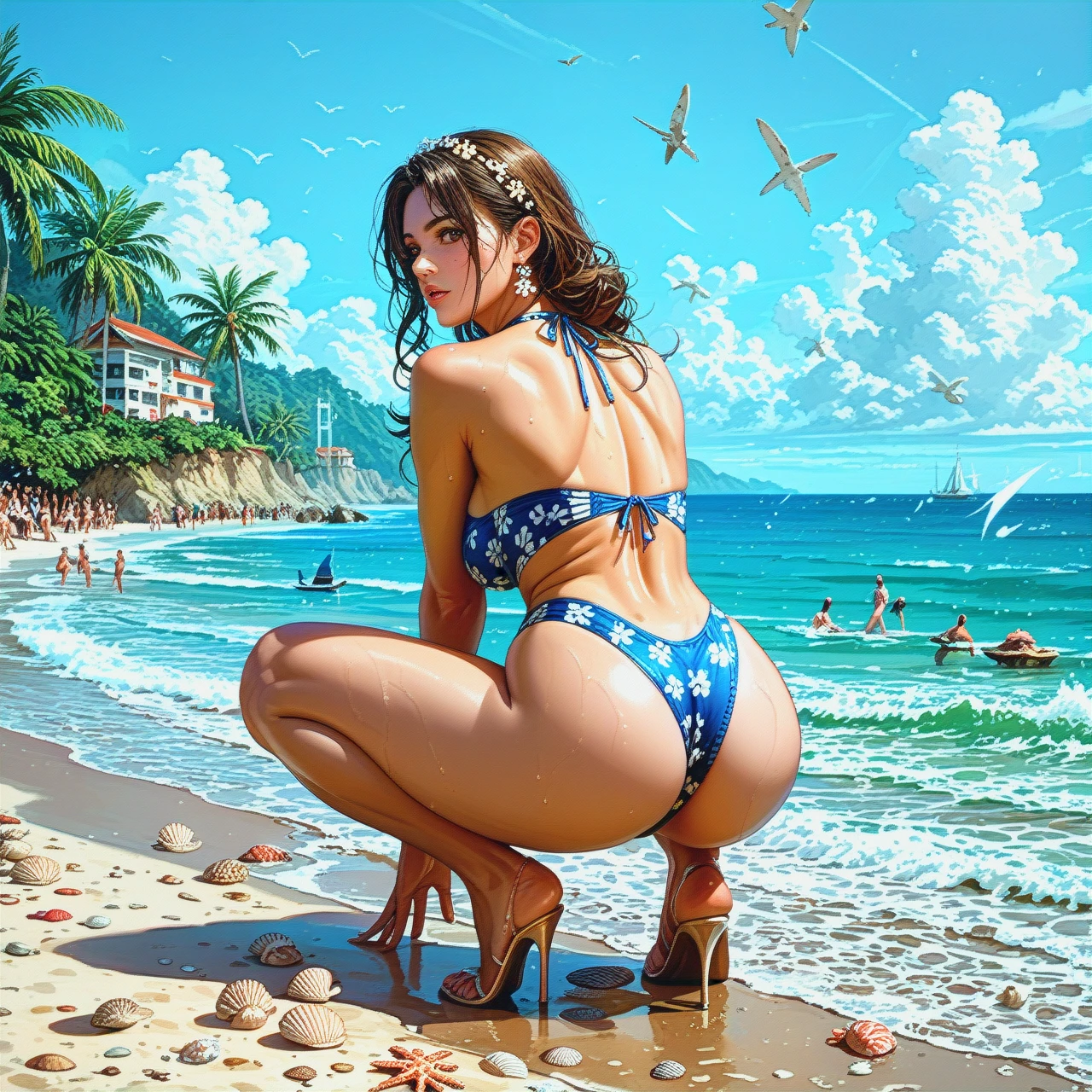 The girl is wearing a swimsuit with a picture of daisies, a beautiful butt, a beautiful thin figure, a beautiful face, in a squat pose by the sea, shells, pebbles, many people around on the beach, many different details around, detailed interesting surroundings, beautiful nature