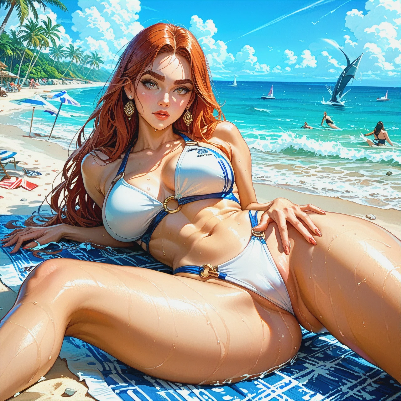 Girl glamorous face glamorous thick eyebrows long hair dressed in a swimsuit with a picture of daisies beautiful butt lies on her stomach legs spread apart thin waist by the sea shells pebbles around many people on the beach many different details around detailed interesting surroundings