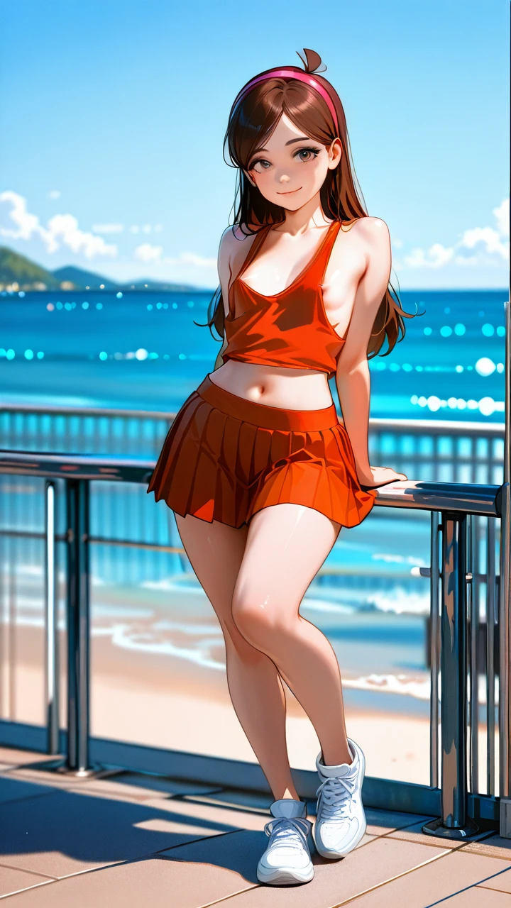 @mabel_pines ,  (light_smile) , (areola_slip) , (flat_chest) , (standing) , one knee up , tank top , pleated miniskirt , sneakers , (cleavage) , (sideboob) , navel , (looking_at_viewer) , showing full body , beach railing ,