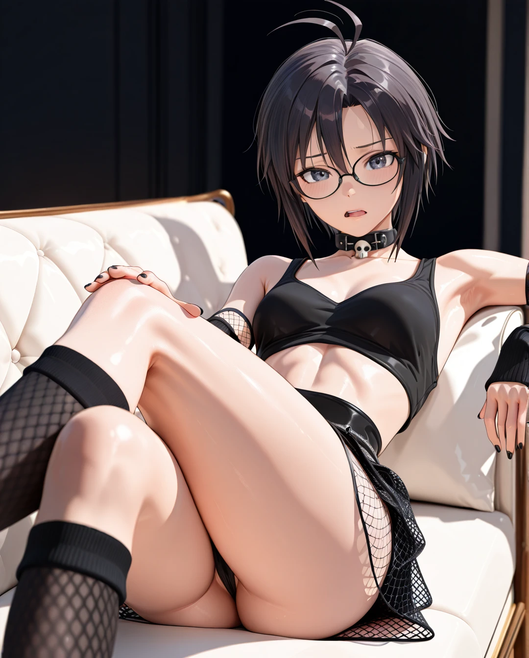 photorealistic (3D_AAA) (3D_anime) (thick_mouth-lips) (realistic_skin), ((very narrow waist)), (skinny) ((full_face)) petite_body (wide_hips) (open_mouth) (black_cut-hair) (bored) (presenting_armpit) (arm warmers) (black_nails) (high_thighs-socks) (collar_skull-bone) (blue_eyes) ((purple)) (fishnet) (skirt) (crossed_legs) @kikuchi_makoto (reclining) (confused) (eyewear) petite (white_couch)