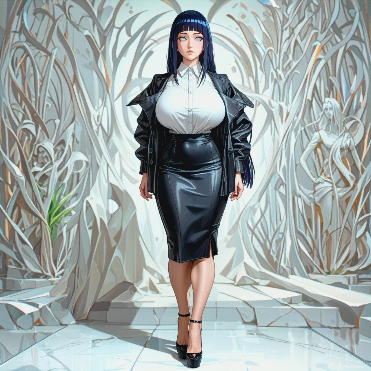 Hinata Hyuuga, expressionless, perfect body, big ass, huge breasts, Boruto: Naruto Next Generations, milf, shoulder-length hair,  alone, (full body),Black high heels , Hotel Lobby  , (standing) , Deep black pencil skirt , White silk shirt , Deep black business suit ,  Deep black suit jacket , (faceplant)