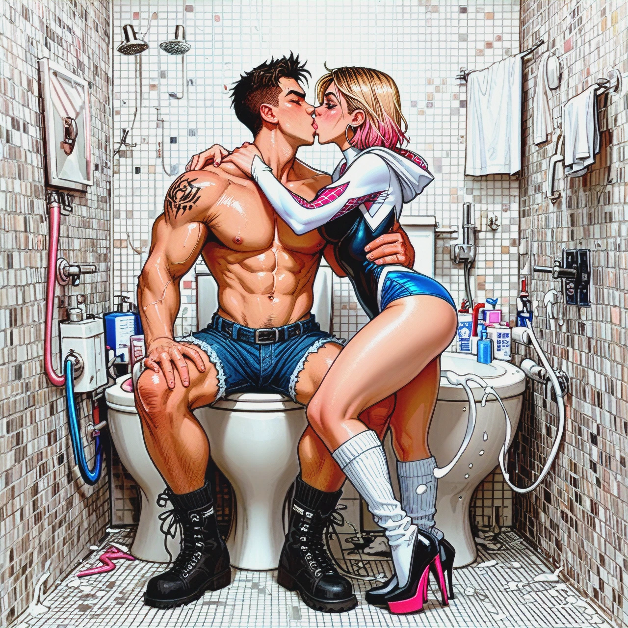 1girl,1boy, a girl with a man, women_kissing, massive_cumshot, pink_pussy,sexy_abdomen,shoulder_tattoo, stiletto_heels,nipple_exposed,Tanya, fishnet_sleeve,hattiezazu,armored_boots, pink_dress,baggy_socks,jewelry,blue_panties,boots, hotpants,legwarmers,big_earrings,embrace,shoes, bathroom, spider-gwen