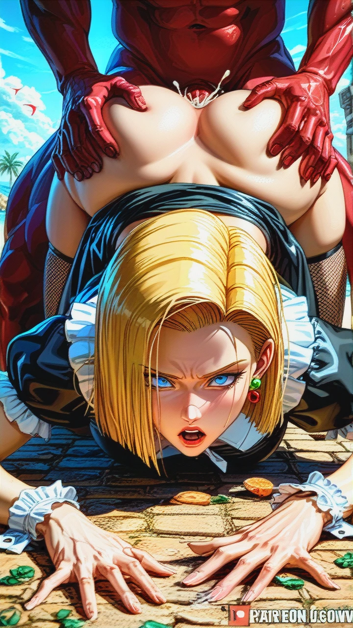 @jessie, @android_18, black maid costume, (anal), (cumdump), (breasts_out), fishnet stockings, fuck me boots, (lifted_by_another), (sex_from_behind), (kneeling), (hands_on_ass), (top-down_bottom-up), spread ass, (surprised), shiny