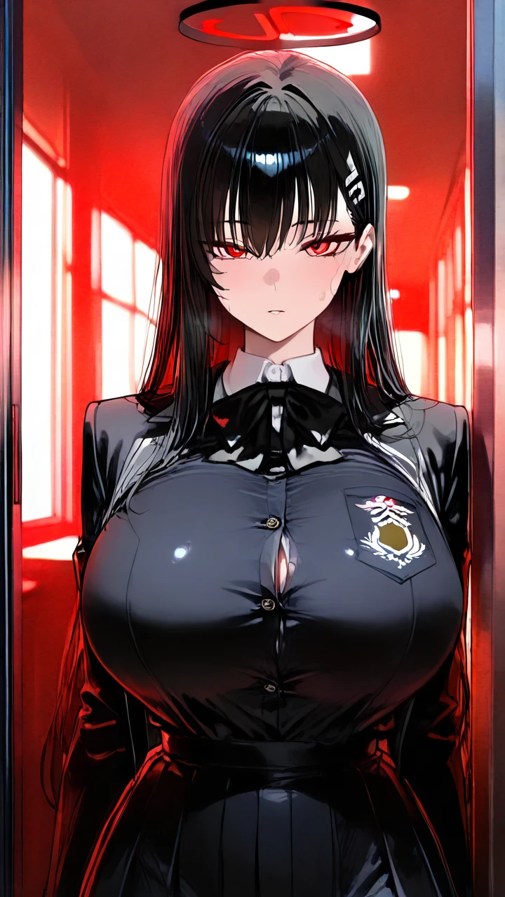 (futanari) (red_eyes) (black_hair) (long_hair) (huge_breasts) (school_uniform) (full-package_futanari)