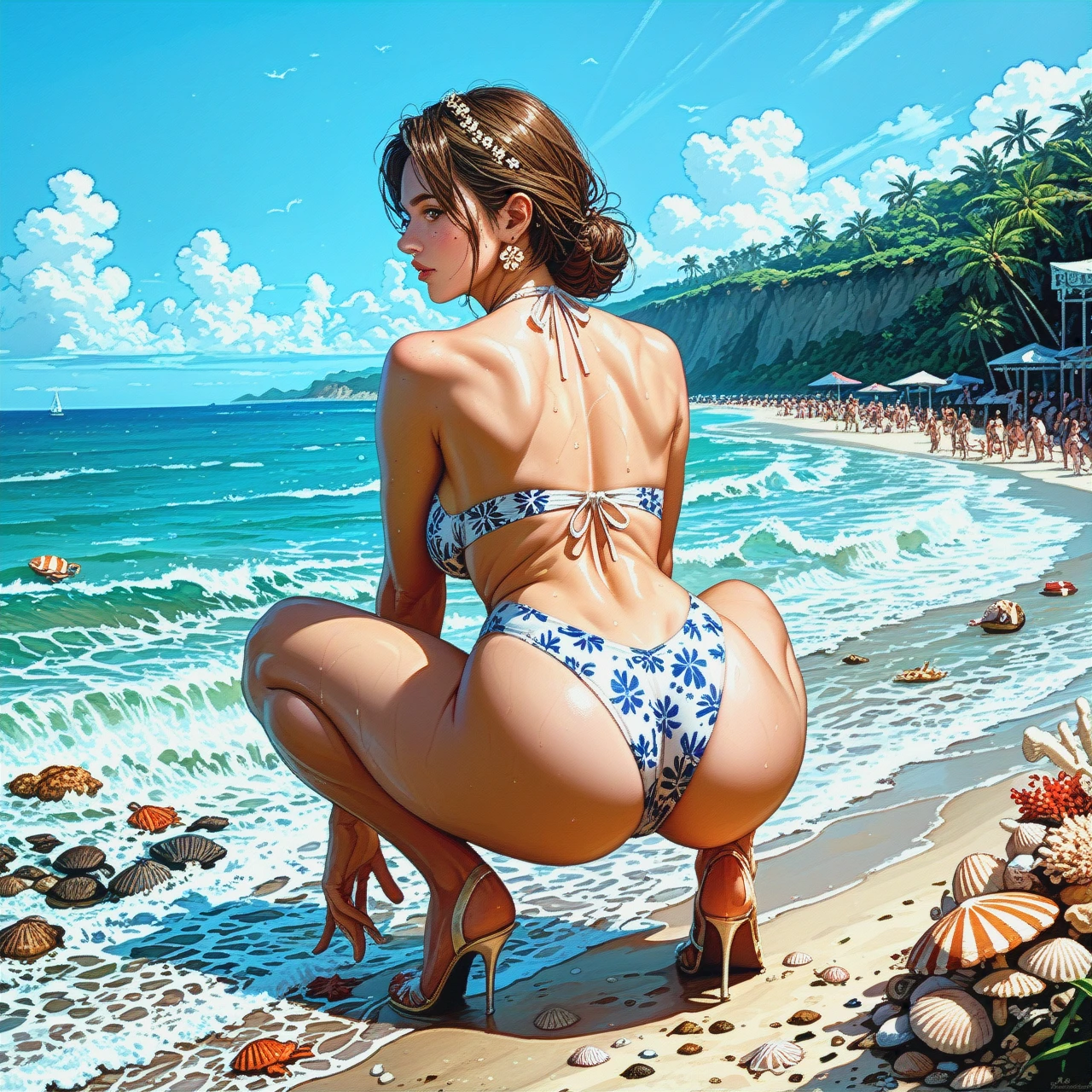 The girl is wearing a swimsuit with a picture of daisies, a beautiful butt, a beautiful thin figure, a beautiful face, in a squat pose by the sea, shells, pebbles, many people around on the beach, many different details around, detailed interesting surroundings, beautiful nature