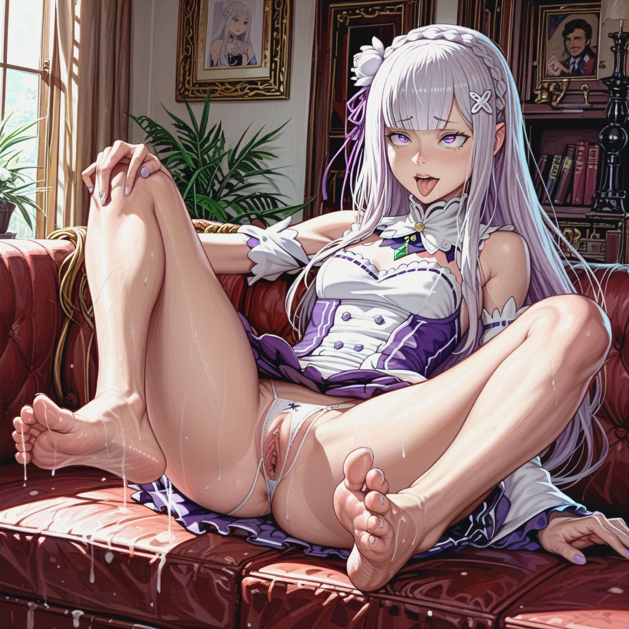 asura ai style, @emilia, skinny, flat chest, foot, living room, ahegao, feet, spread legs