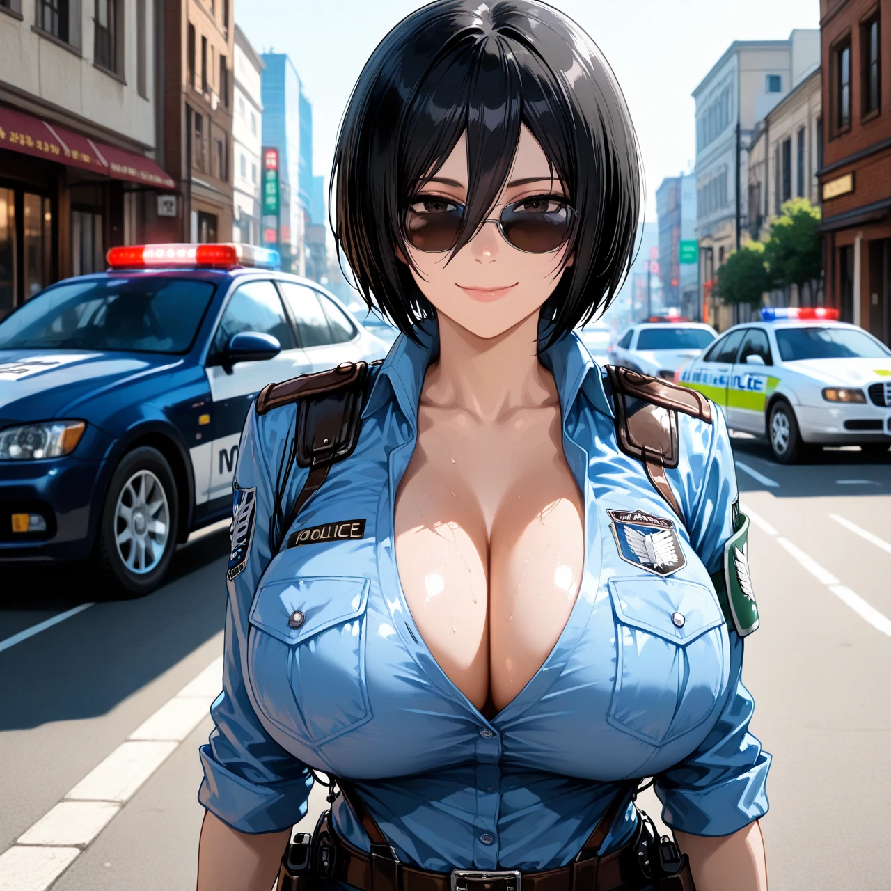 @mikasa_ackerman , 1girls, solo, (huge_breasts) , clothed, cleavage, street, police car, police uniform, sunglasses, smile, no scarf