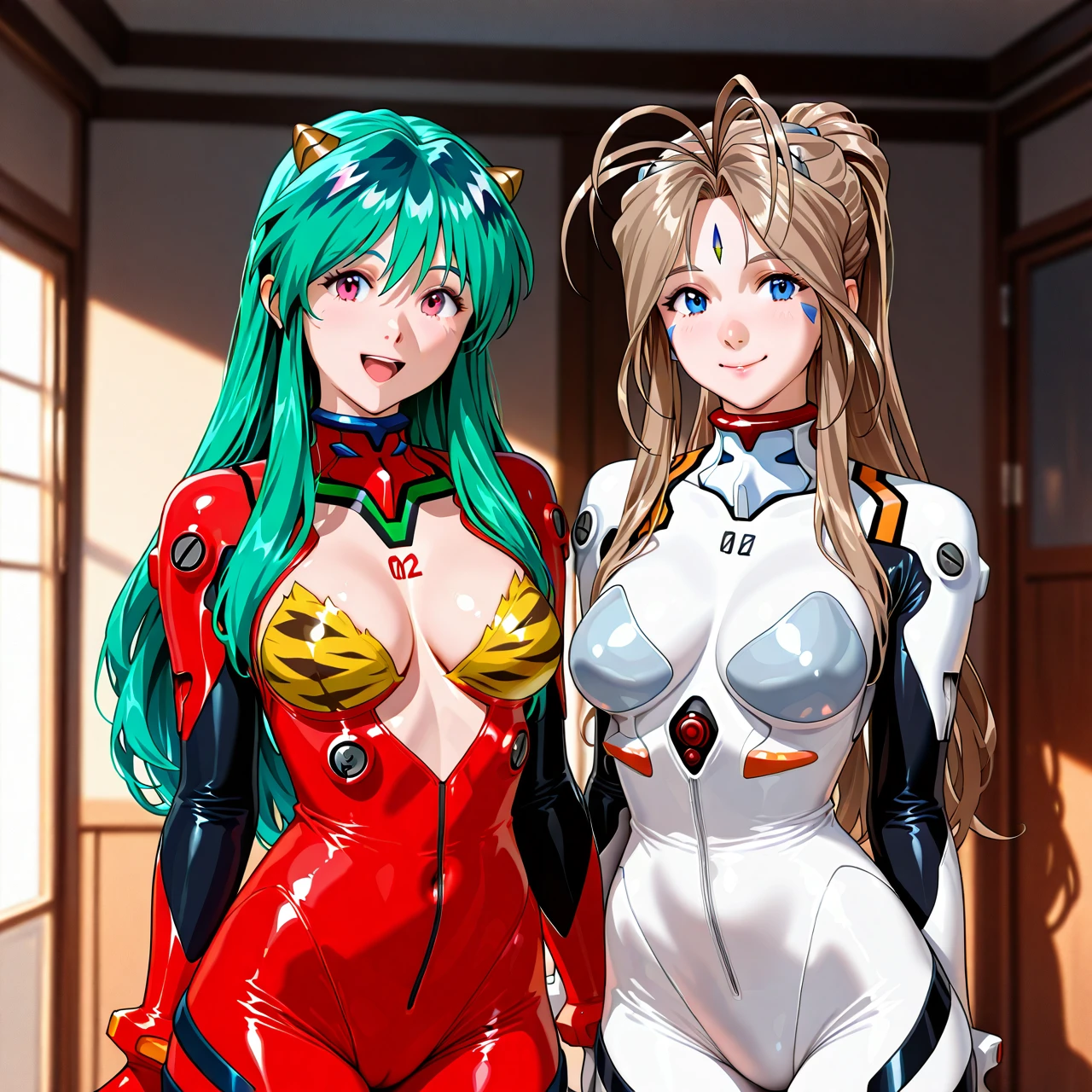 2girls,(1girl,@belldandy,open_mouth,happy_smile,half_closed_eyes,(\(neon genesis evangelion\),white_plugsuit,bodysuit,looking_at_viewer,),(2girl,@lum,emerald_hair,pink_plugsuit,bodysuit),twisted_waist, breast,smile,japanese-style_room,photorealistic,