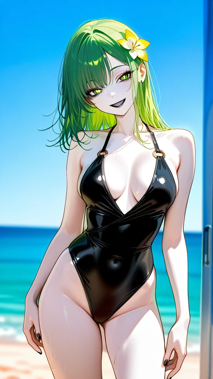 Take the photo so that their entire body is visible in the image, from head to toe.    A girl have long green hair and green eyes. She have a skinny and sexy body. She have white skin. She have black nails. She have black lips. She wearing black swimsuit. She is in beach. She have 23 year's old.  (standing) (hand_on_hip) (evil_smile) (head_tilt) (flower-shaped_pupils) (medium_breasts) (open_mouth)