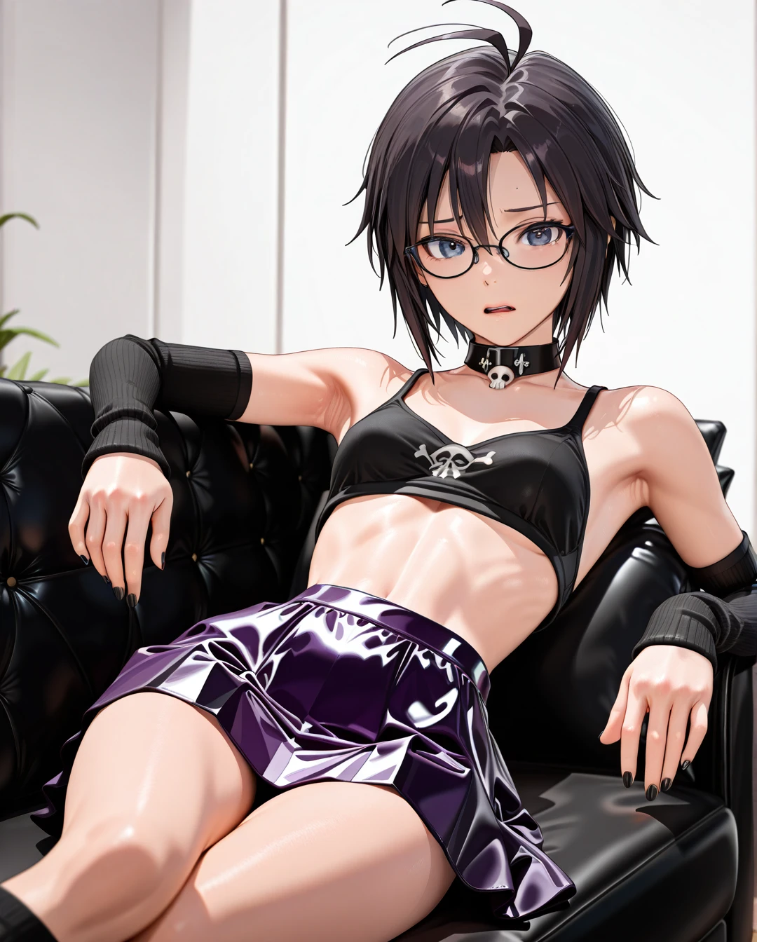 photorealistic (3D_AAA) (3D_anime) (thick_mouth-lips) (realistic_skin), ((very narrow waist)), (skinny) ((full_face)) petite_body (wide_hips) (open_mouth) (black_cut-hair) (bored) (presenting_armpit) (arm warmers) (black_nails) (high_thighs-socks) (collar_skull-bone) (blue_eyes) ((purple)) (skirt) @kikuchi_makoto (reclining) (confused) (eyewear) petite (white_couch) hands