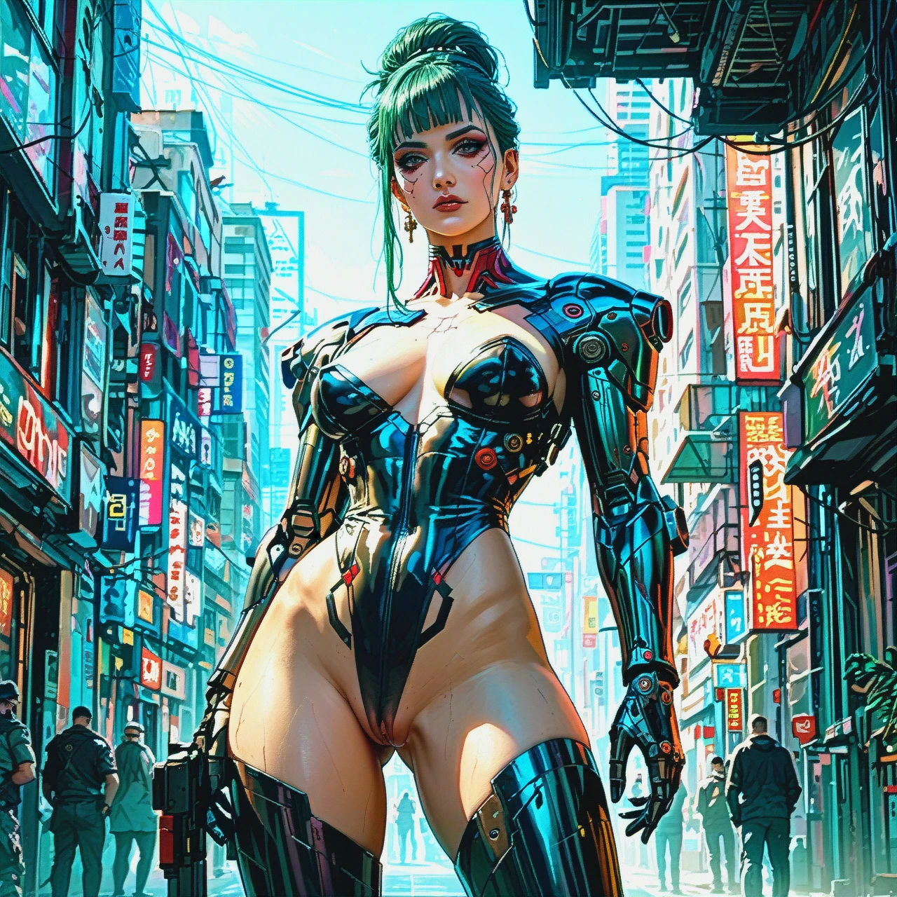 Cyberpunk 2077 girl iron arms iron legs iron waist naked vagina in the bright city of the future