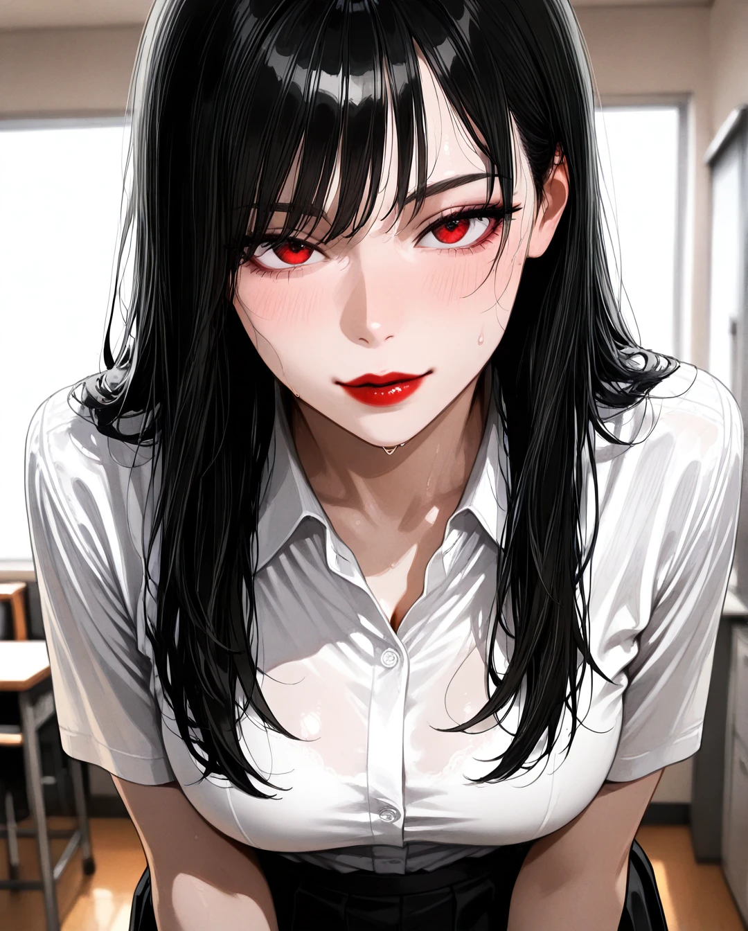 take a photo where the girl is at school. In the school office. In a white shirt. In a black skirt. She has beige skin. Red lips. Dark long hair. She stands tall