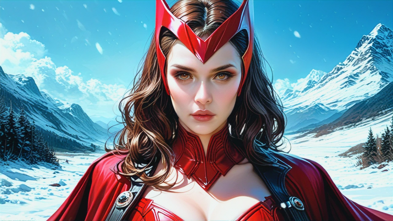 The most beautiful woman of the world, portrait, plump lips, heroic looks, Scarlet Witch clothes, brunette, brown eyes, white snow hat, at snowy mountains, cyberpunk, realistic.