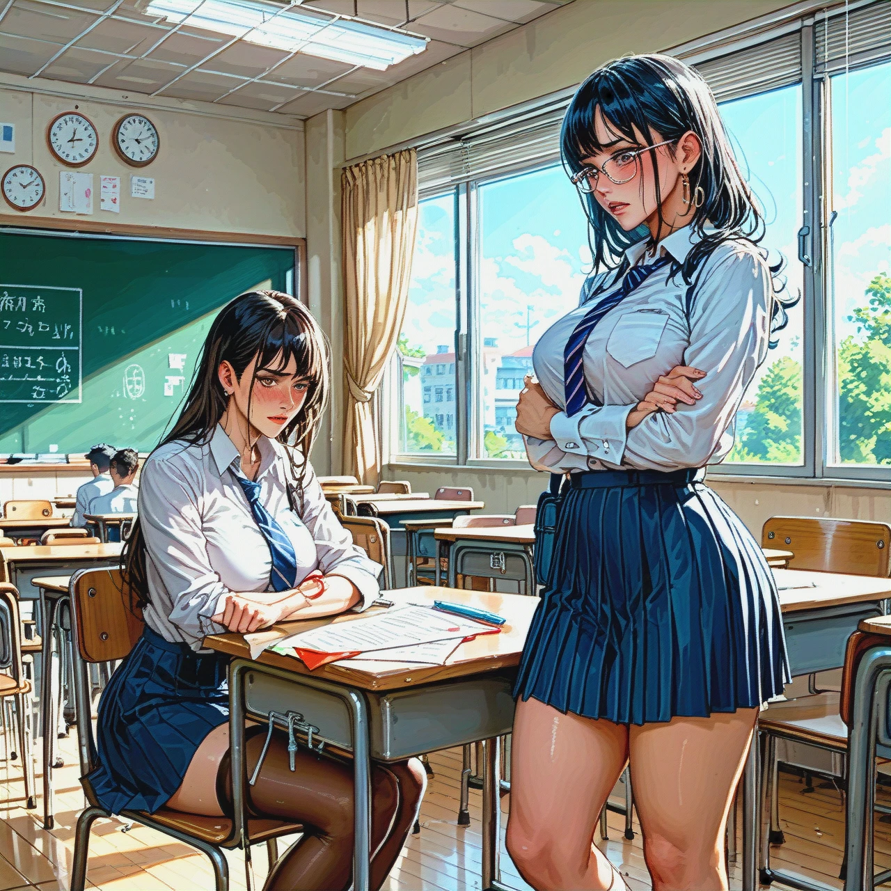 three school-age girls sitting at desks in front of them stands a man with his pants down teacher girls looking at a penis in embarrassment at school beautiful figure dressed in school uniform girls have an embarrassed expression on their faces 1 man stands in front of them teacher dressed in a teacher uniform