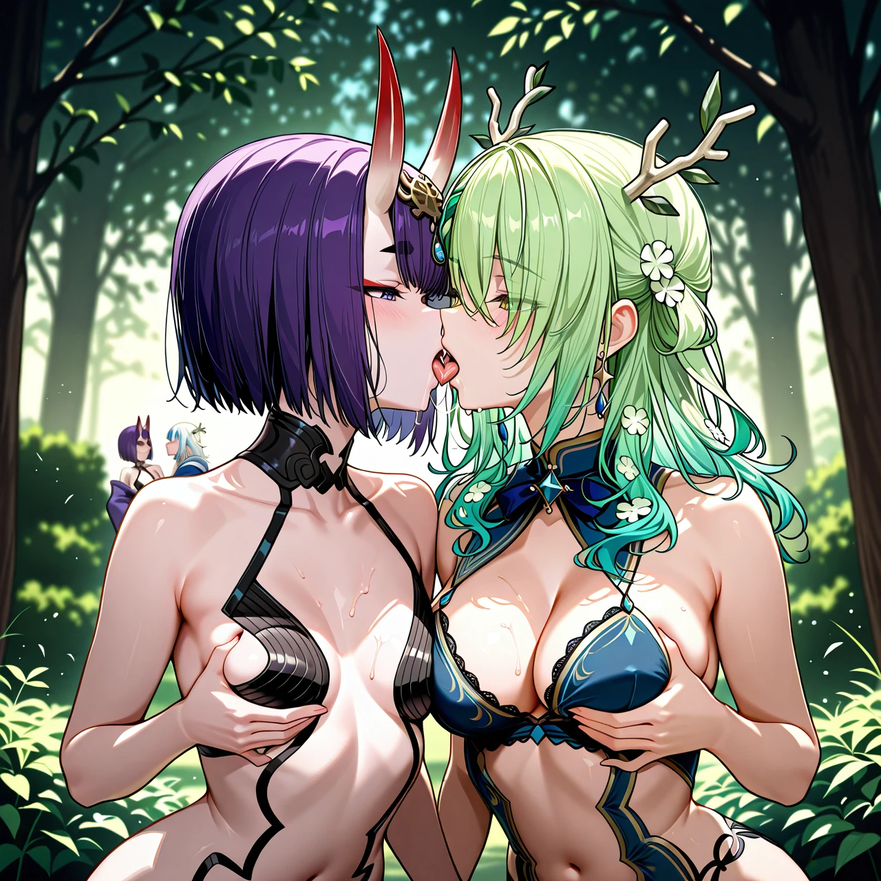 @shuten_douji , @ceres_fauna , @gawr_gura , tree girls ,  triple kiss , groups , tongue long , saliva , grabbing breast ,