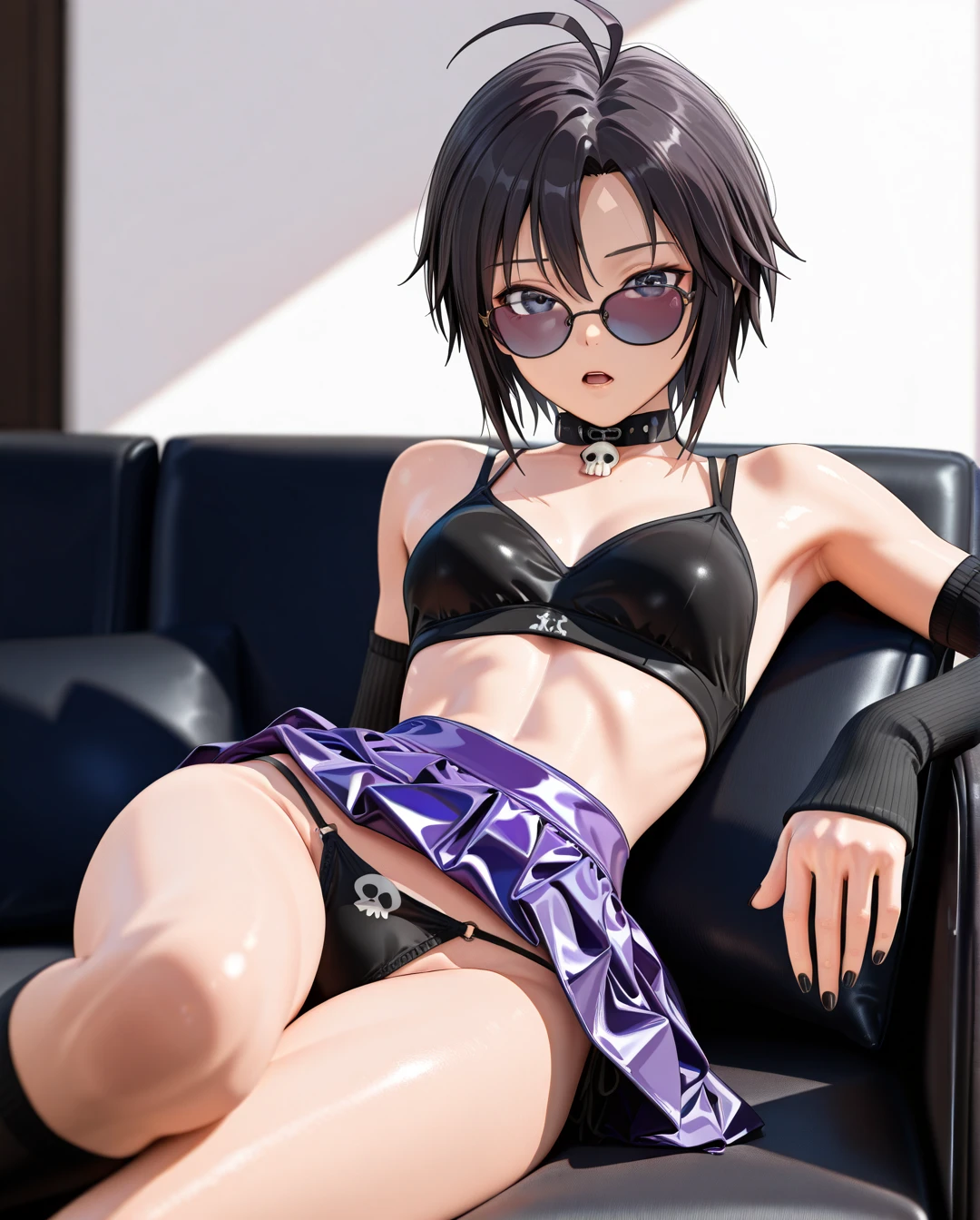 photorealistic (3D_AAA) (3D_anime) (thick_mouth-lips) (realistic_skin), ((very narrow waist)), (skinny) ((full_face)) petite_body (wide_hips) (open_mouth) (black_cut-hair) (arm warmers) (black_nails) (high_thighs-socks) (collar_skull-bone) (blue_eyes) ((purple)) (skirt) @kikuchi_makoto (reclining) (eyewear) petite (white_couch) hands (panties)