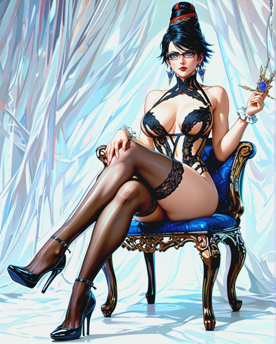 @bayonetta   black stocking high heels lingerie big tits (hands_on_hips), (crossed_legs)