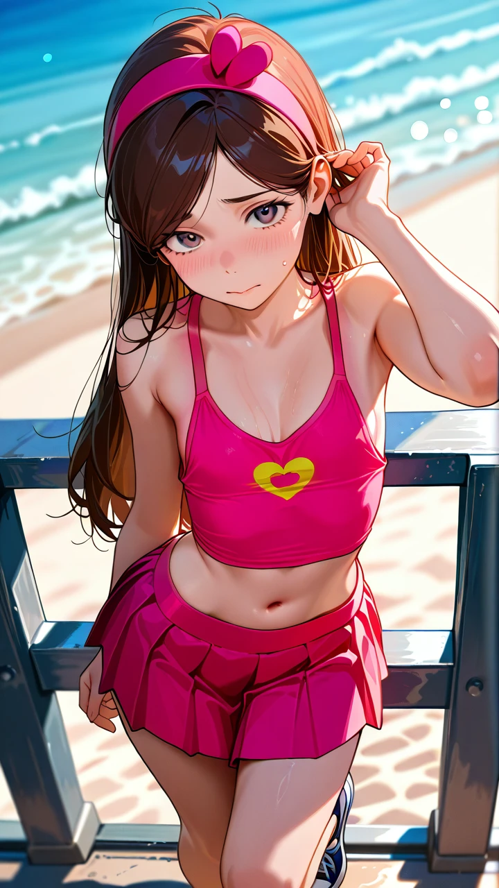 @mabel_pines , (shy) , flat (flat_chest) , (standing) , one knee up , tank top , pleated miniskirt , sneakers , (cleavage) , (sideboob) , navel , (looking_at_viewer) , (hair_tucking) , beach railing ,