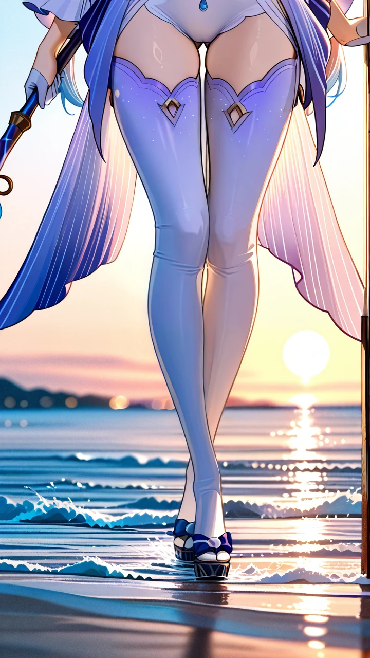 @sangonomiya_kokomi,white traditional kimono,fish ornament,water circle, straight standing, close legs,miko long staff,beach,high noon, cleavage breasts, medium breasts, adult women, slim body, abdomen revealed, manipulating water power,sexy pants,